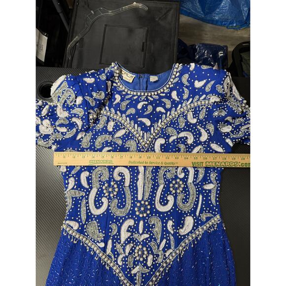 Vintage Silk Cocktail Dress Blue Sequin Beaded Avant Garde - Scala Size Med/Lrg - Picture 6 of 16
